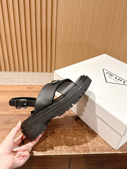 Prada New Cross-Strap Serrated-Sole Roman Thick-Platform Rubber Sandals, Black