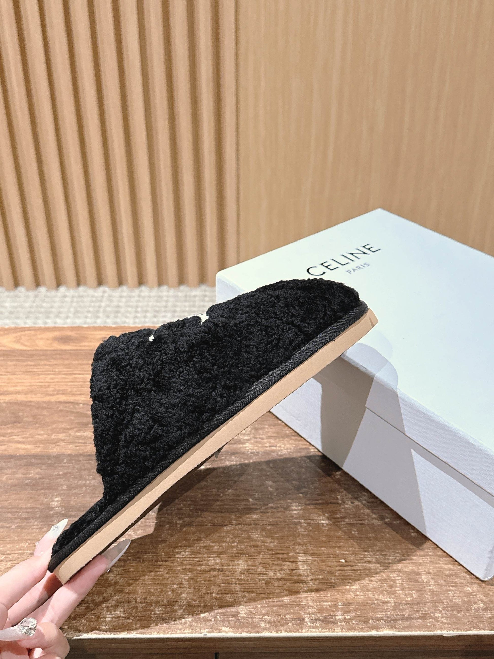 CELINE New Shearling Slip-On Birkenstock-Style Slides, Black