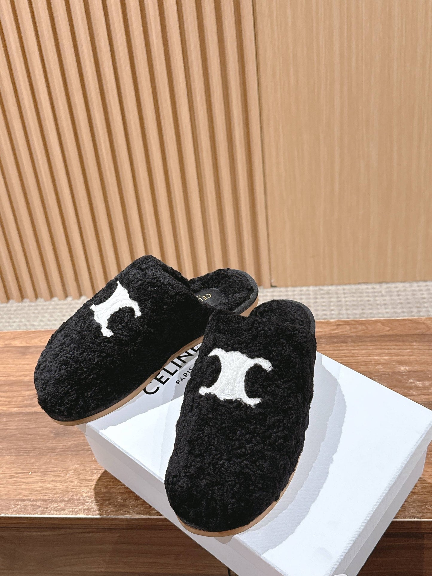 CELINE New Shearling Slip-On Birkenstock-Style Slides, Black