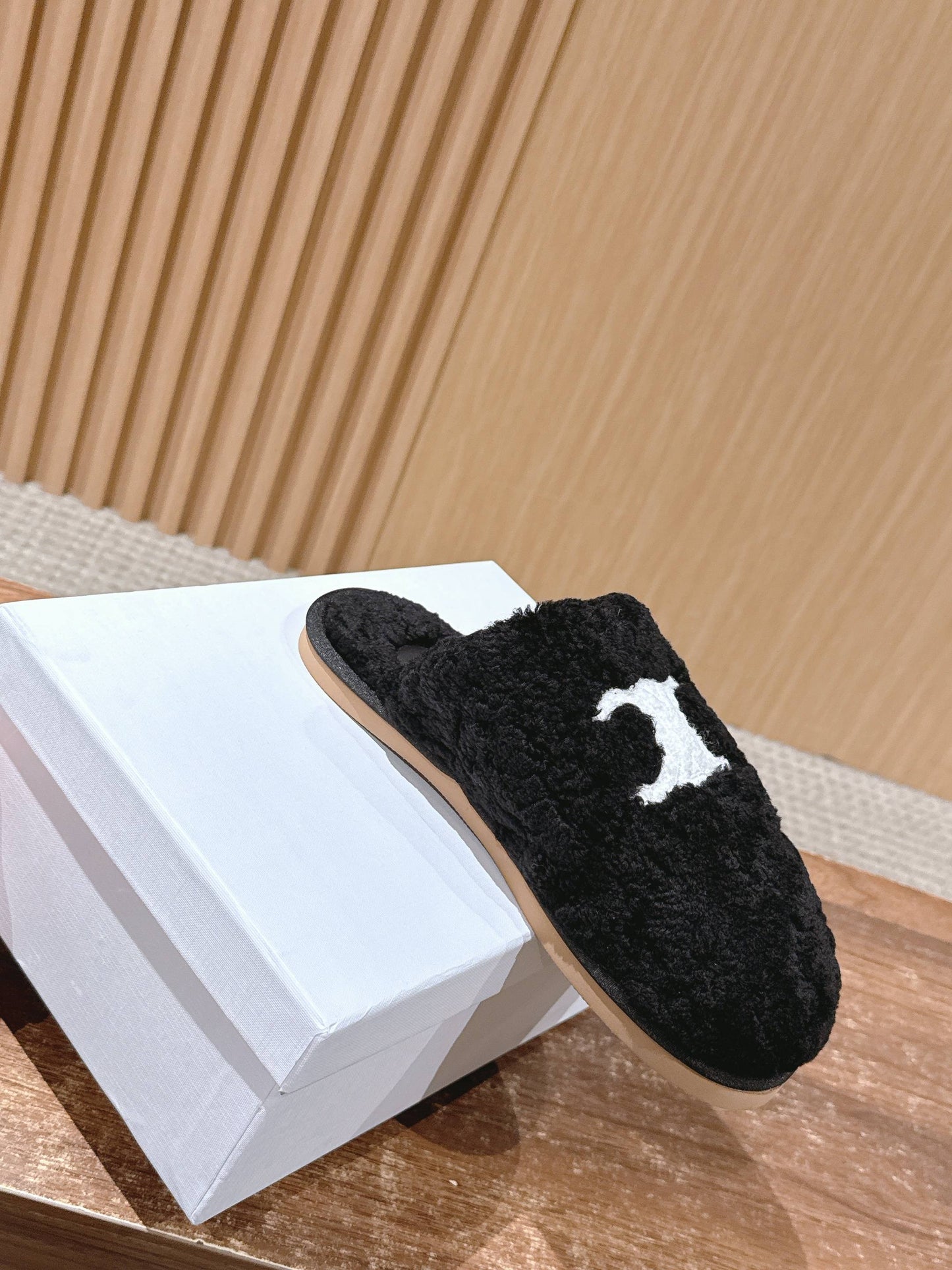 CELINE New Shearling Slip-On Birkenstock-Style Slides, Black