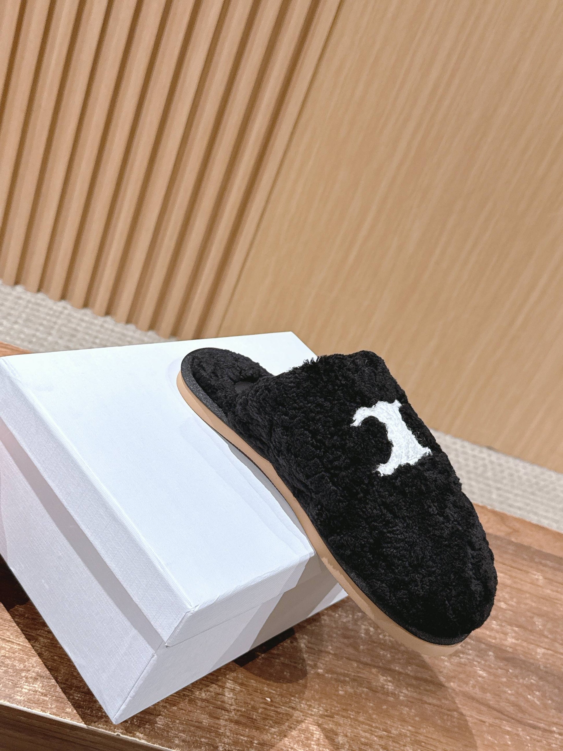 CELINE New Shearling Slip-On Birkenstock-Style Slides, Black