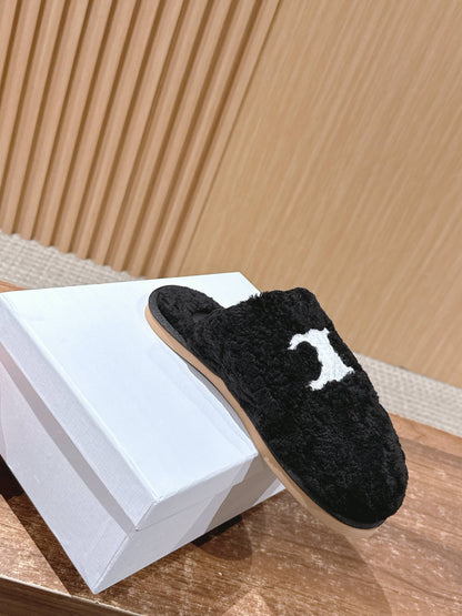 CELINE New Shearling Slip-On Birkenstock-Style Slides, Black