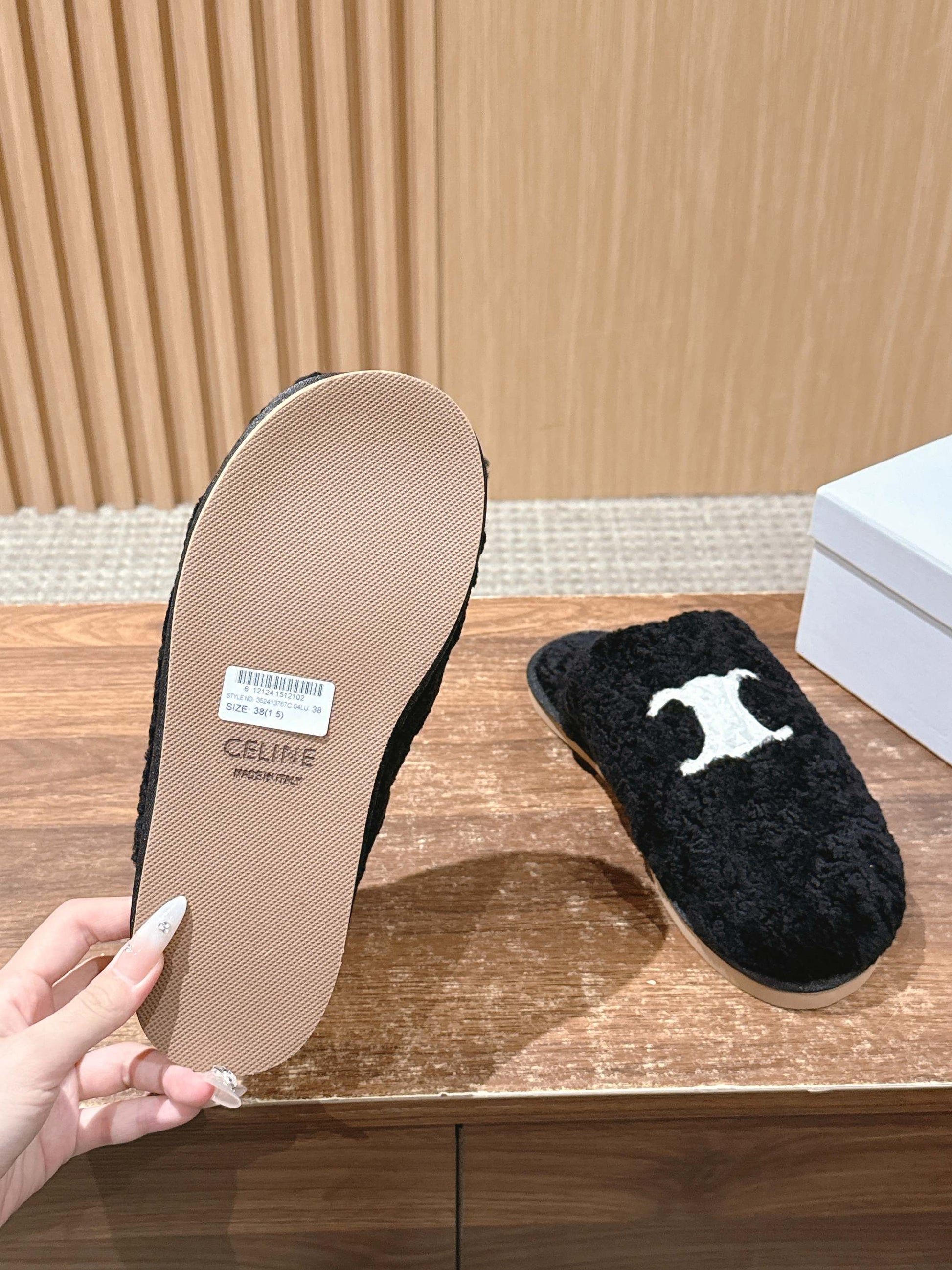 CELINE New Shearling Slip-On Birkenstock-Style Slides, Black