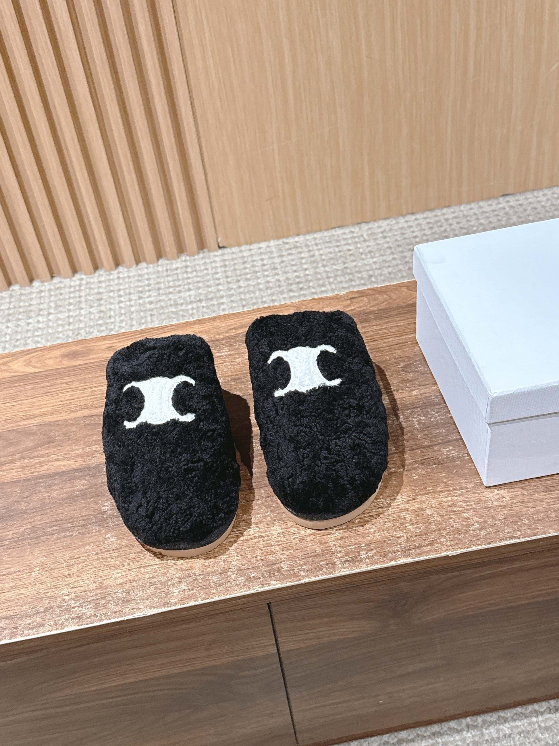 CELINE New Shearling Slip-On Birkenstock-Style Slides, Black