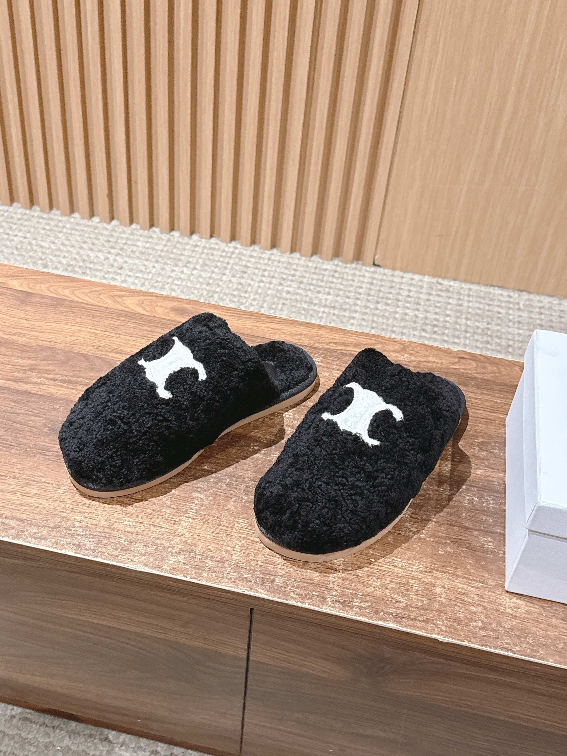 CELINE New Shearling Slip-On Birkenstock-Style Slides, Black