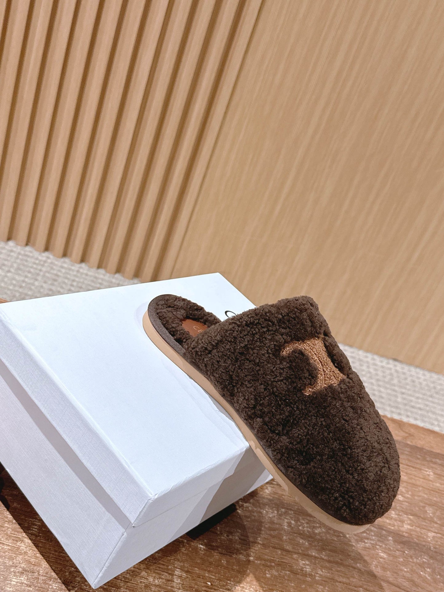 CELINE New Shearling Slip-On Birkenstock-Style Slides, Brown