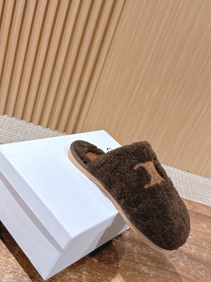 CELINE New Shearling Slip-On Birkenstock-Style Slides, Brown