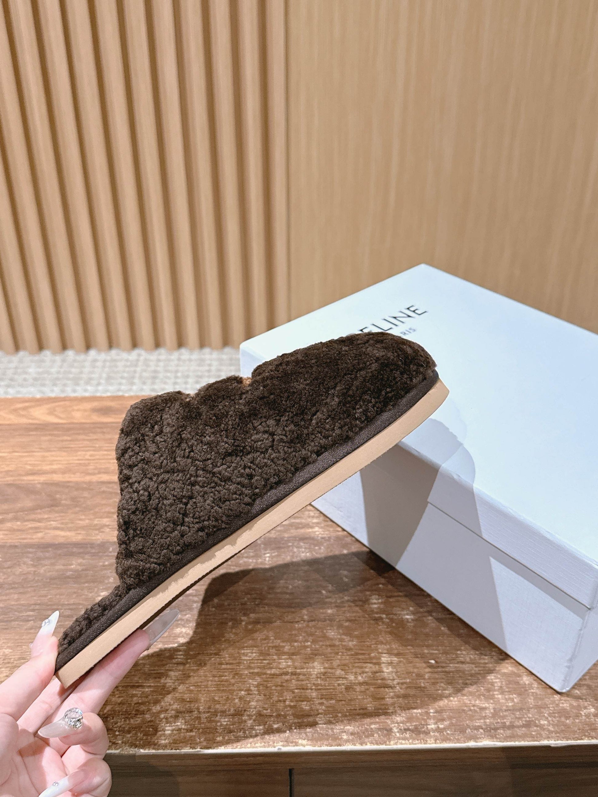 CELINE New Shearling Slip-On Birkenstock-Style Slides, Brown