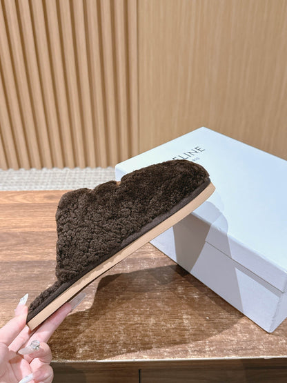 CELINE New Shearling Slip-On Birkenstock-Style Slides, Brown