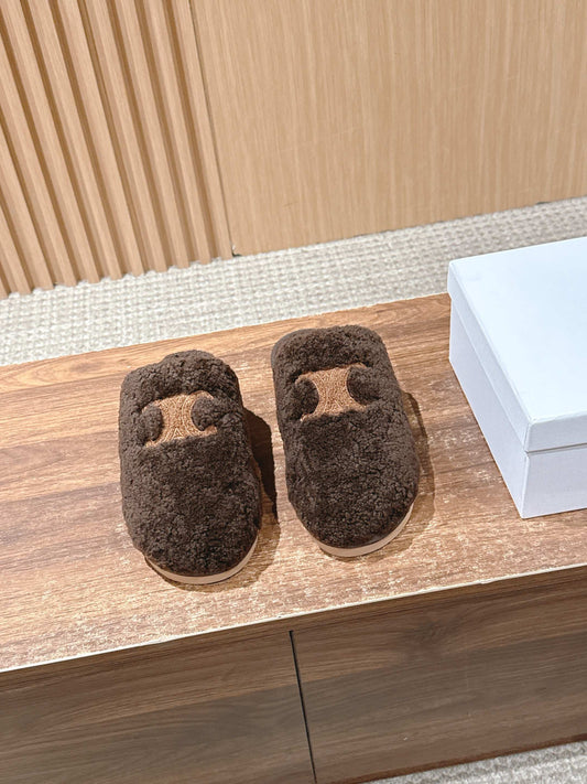 CELINE New Shearling Slip-On Birkenstock-Style Slides, Brown