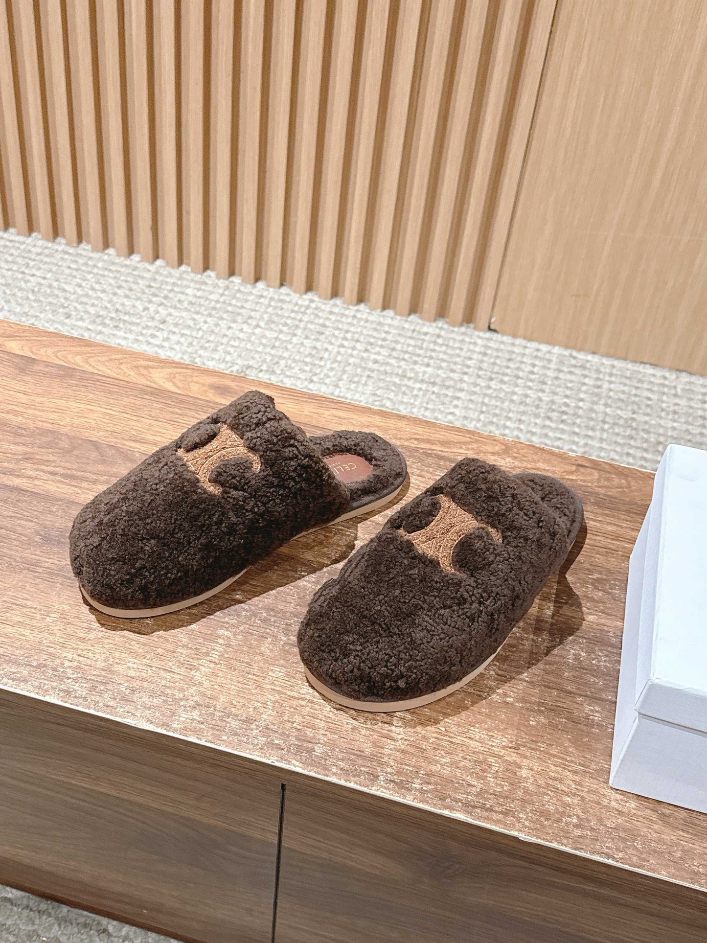 CELINE New Shearling Slip-On Birkenstock-Style Slides, Brown