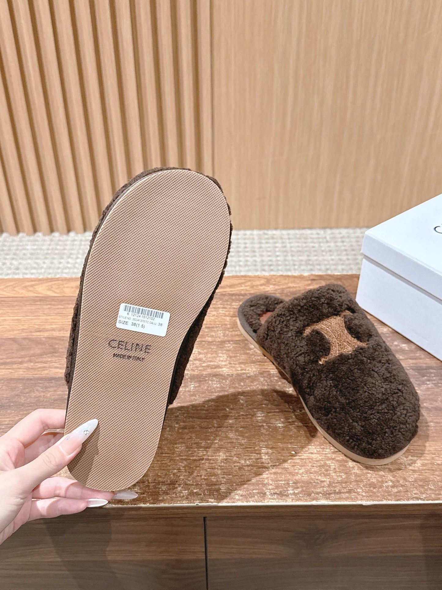CELINE New Shearling Slip-On Birkenstock-Style Slides, Brown