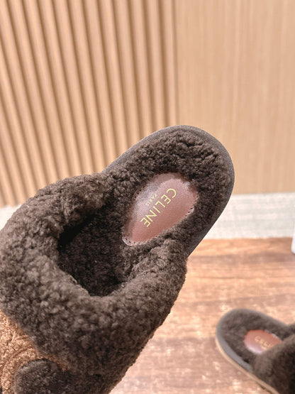 CELINE New Shearling Slip-On Birkenstock-Style Slides, Brown