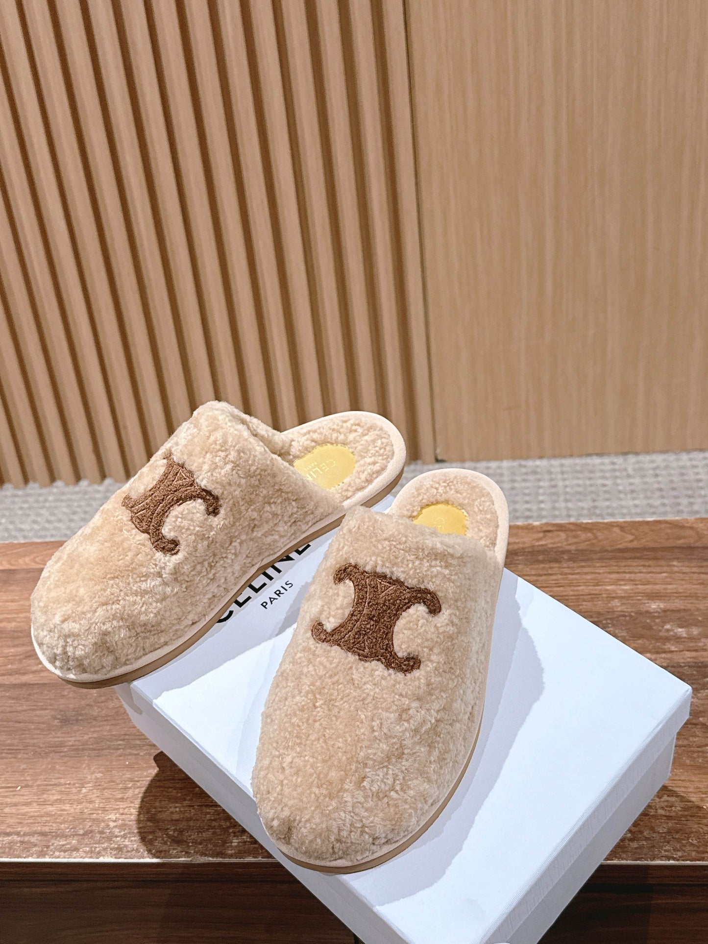 CELINE New Shearling Slip-On Birkenstock-Style Slides, Beige