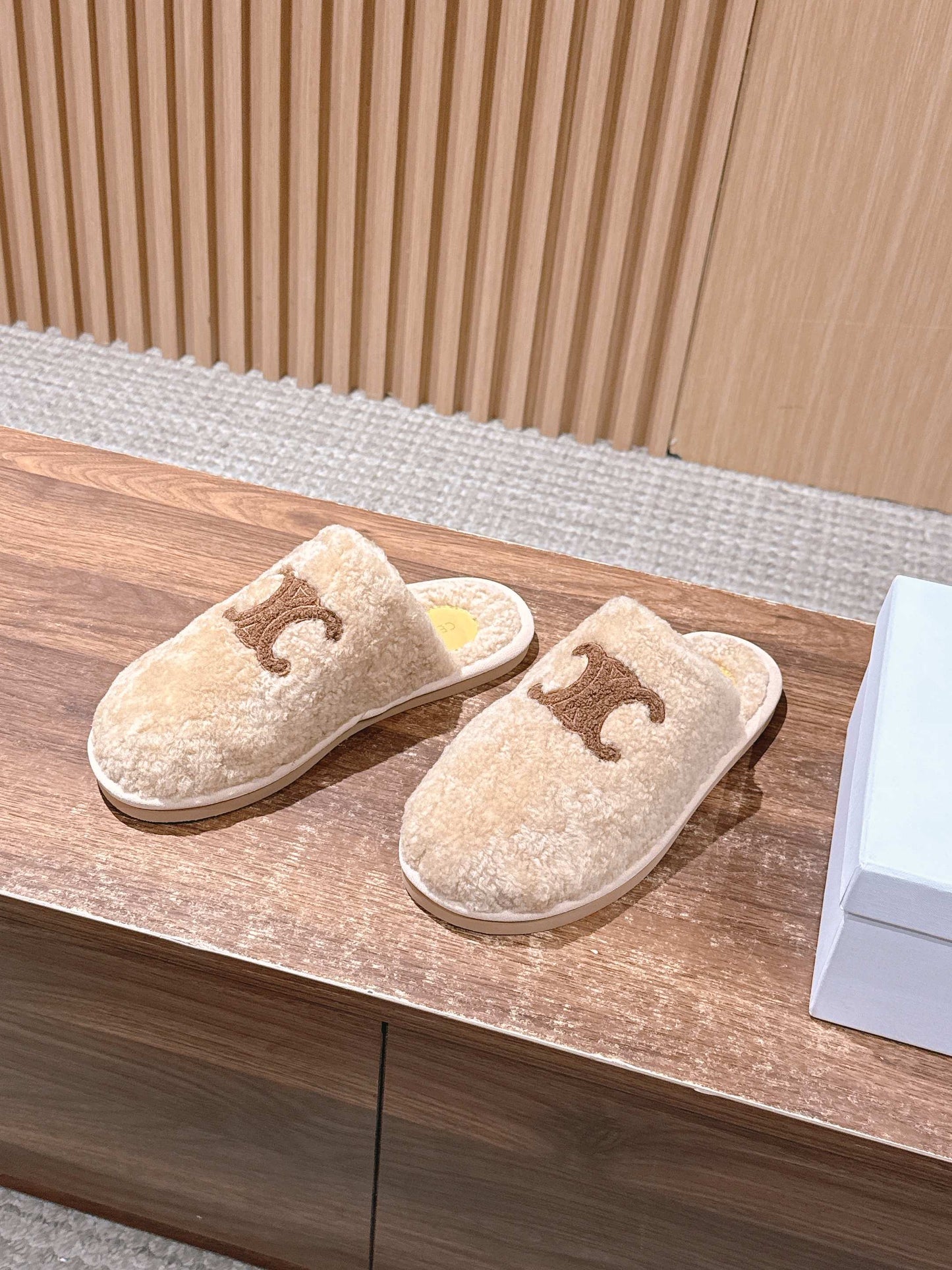 CELINE New Shearling Slip-On Birkenstock-Style Slides, Beige