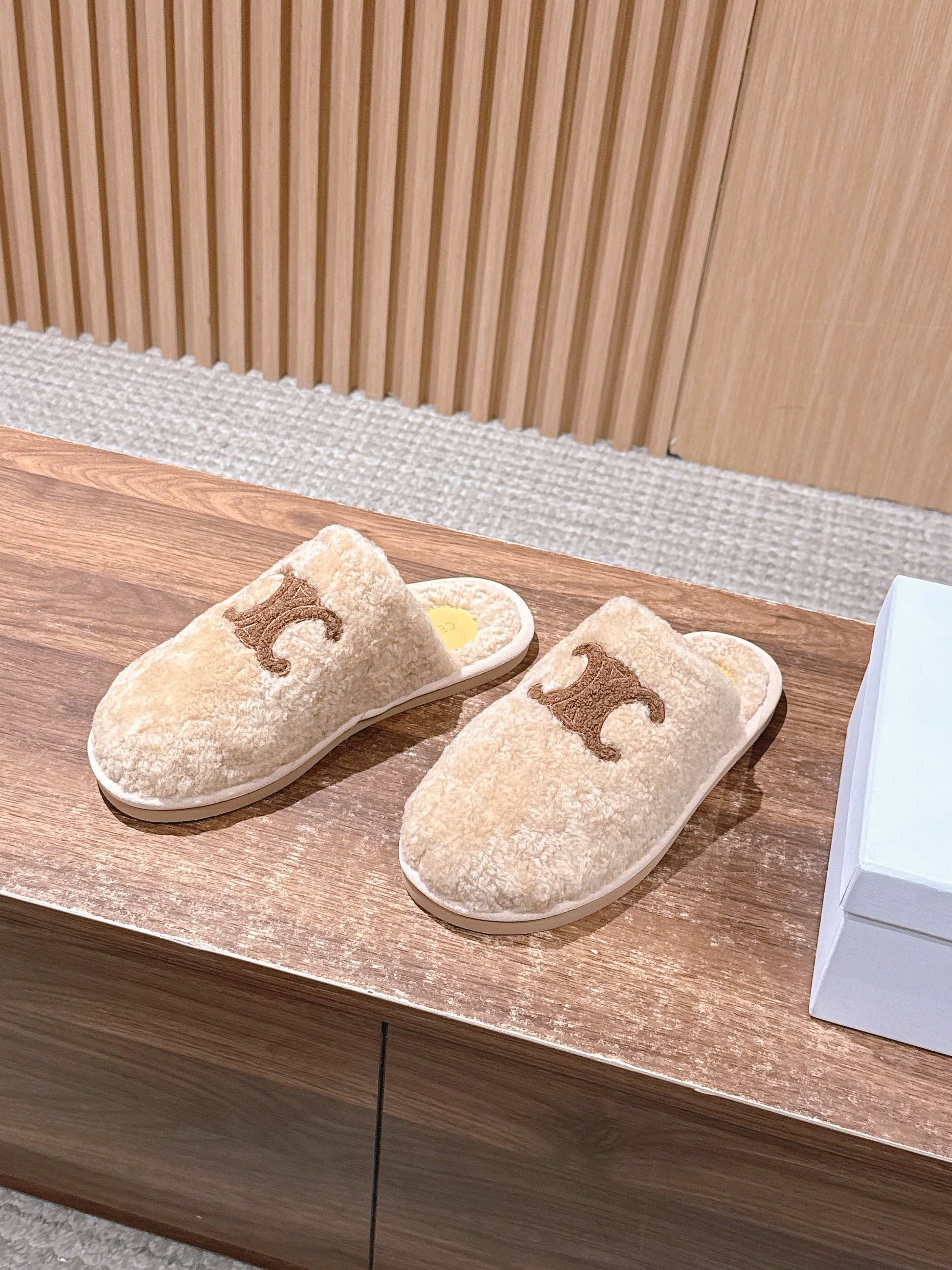 CELINE New Shearling Slip-On Birkenstock-Style Slides, Beige