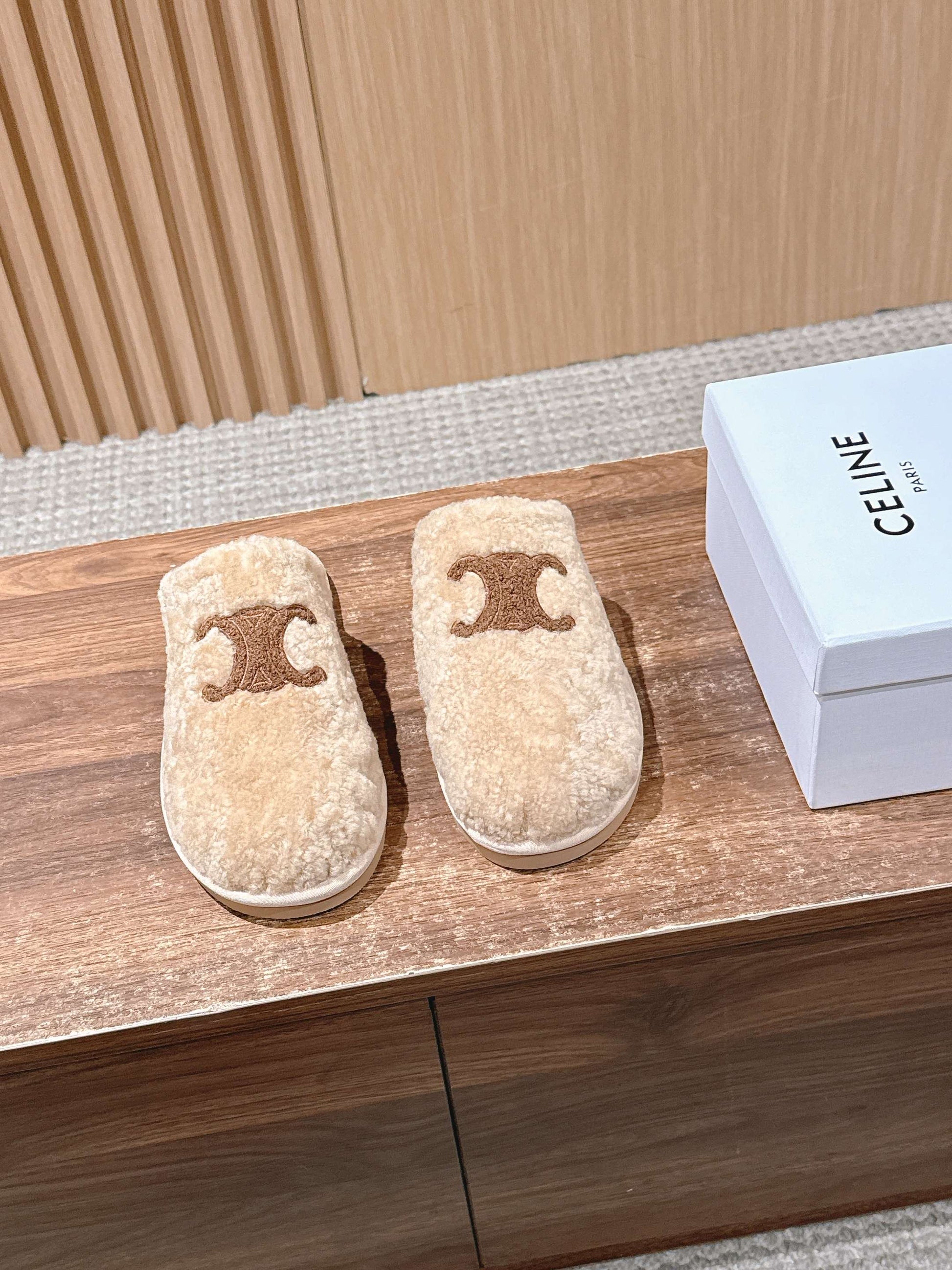 CELINE New Shearling Slip-On Birkenstock-Style Slides, Beige