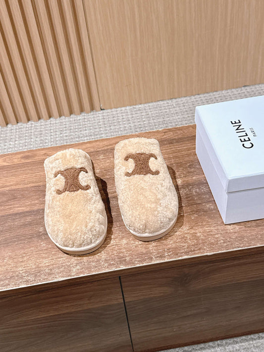CELINE New Shearling Slip-On Birkenstock-Style Slides, Beige