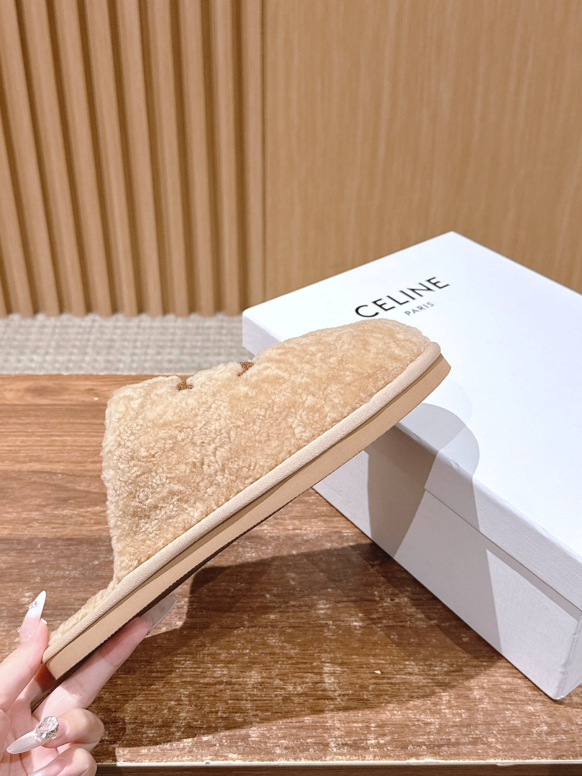 CELINE New Shearling Slip-On Birkenstock-Style Slides, Beige