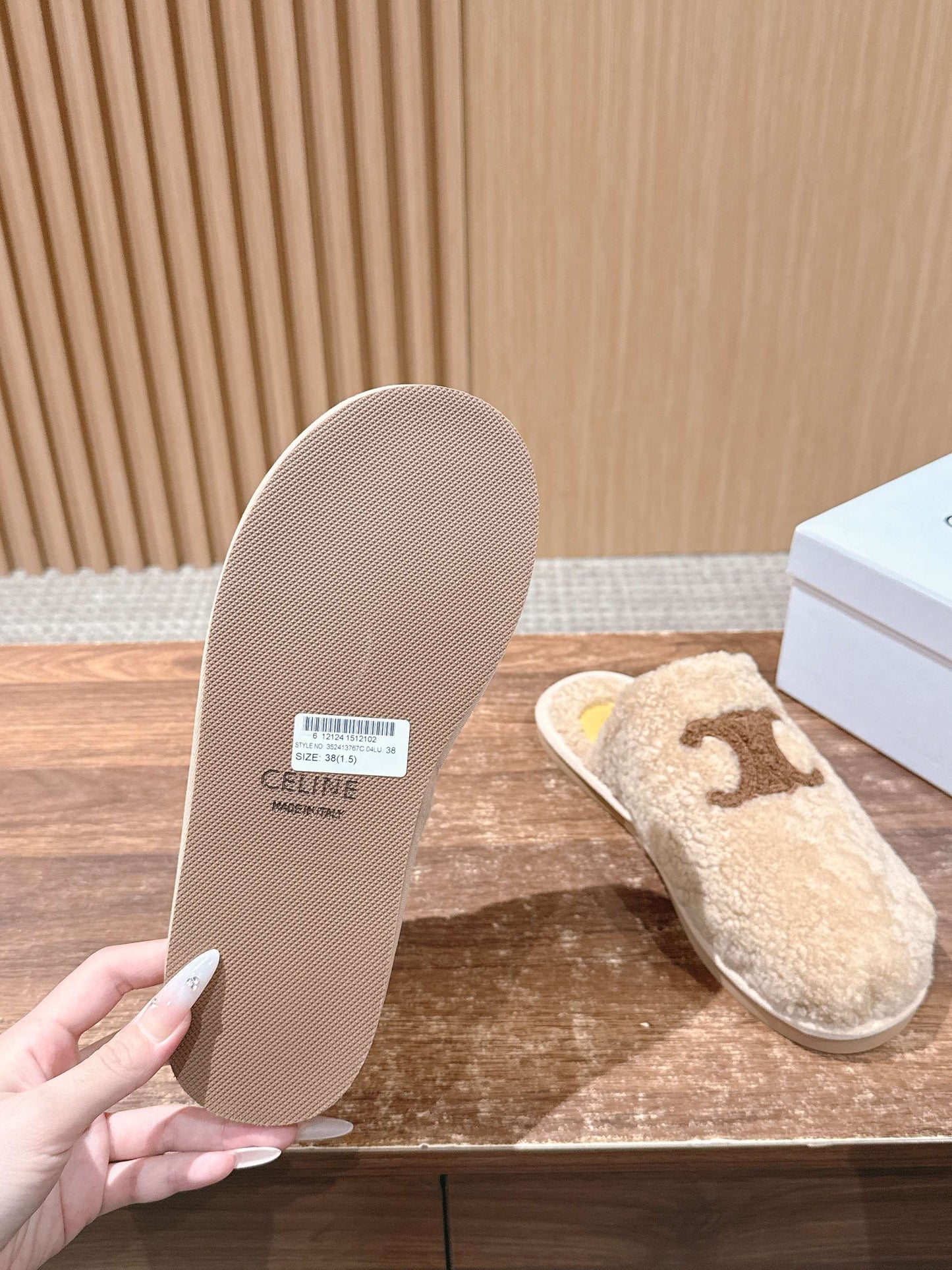 CELINE New Shearling Slip-On Birkenstock-Style Slides, Beige
