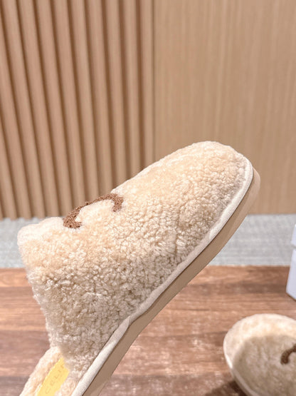 CELINE New Shearling Slip-On Birkenstock-Style Slides, Beige