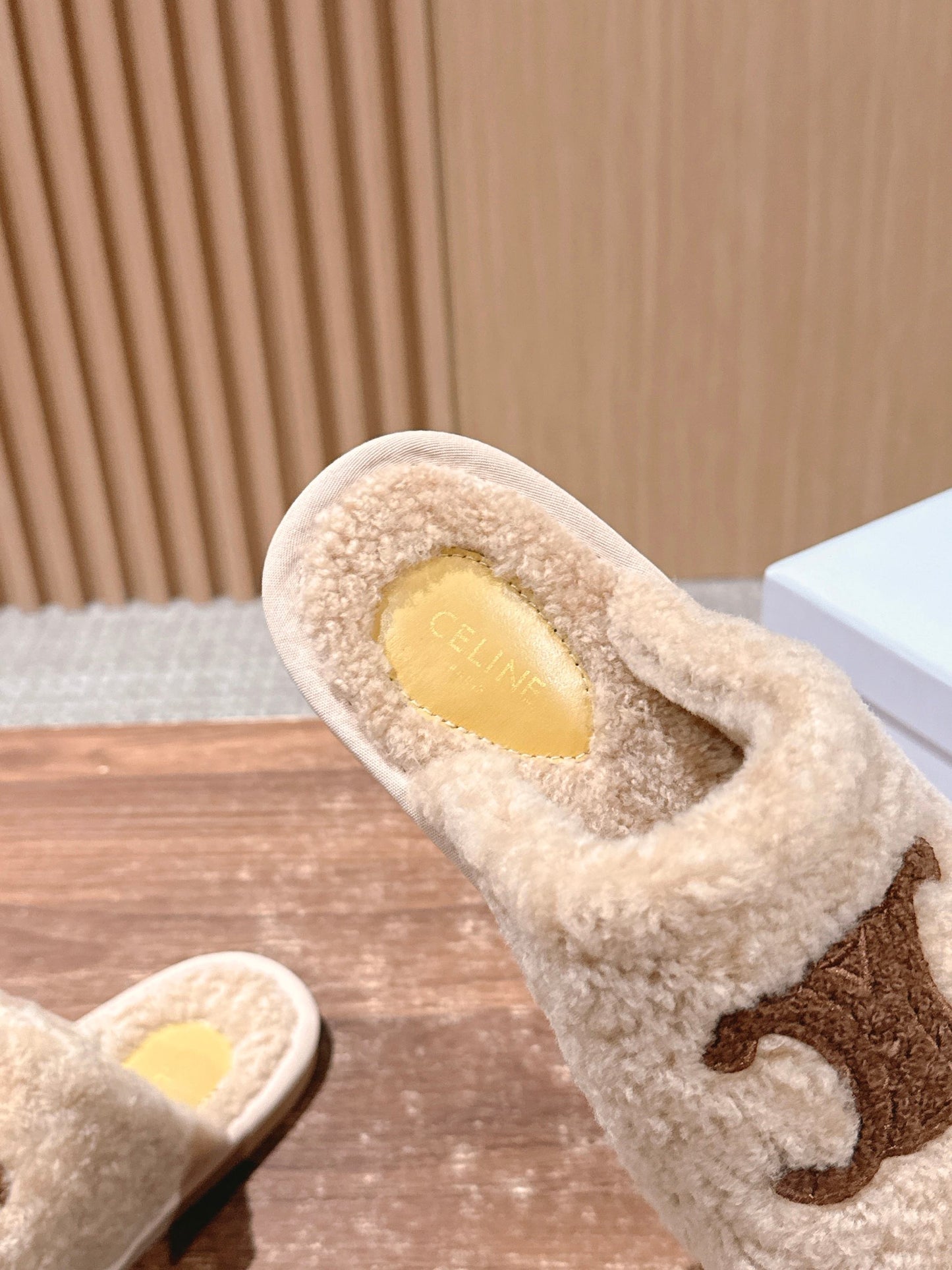 CELINE New Shearling Slip-On Birkenstock-Style Slides, Beige