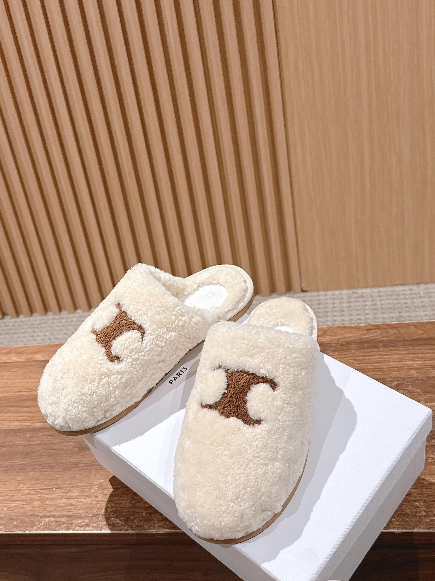 CELINE New Shearling Slip-On Birkenstock-Style Slides, White