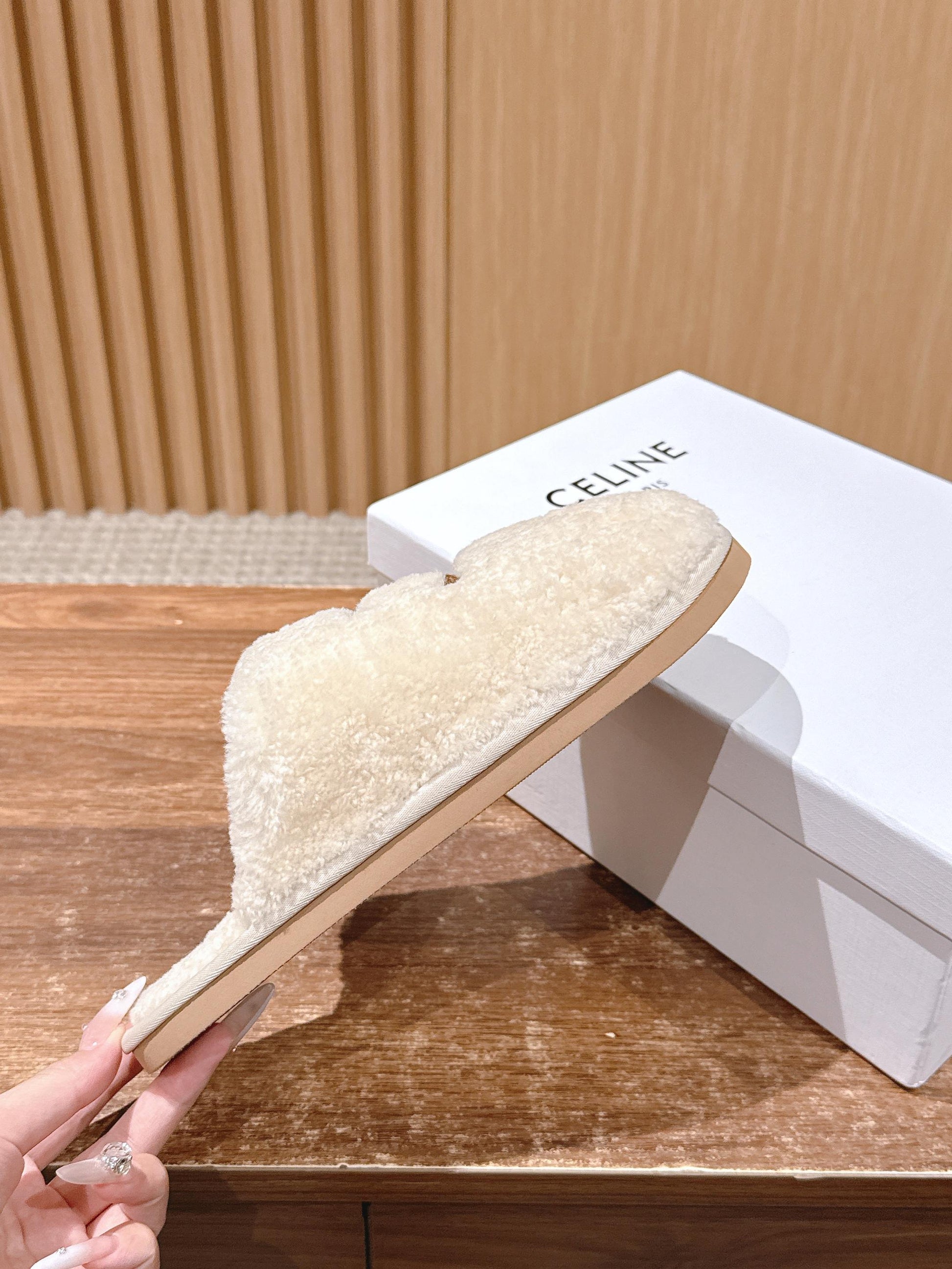 CELINE New Shearling Slip-On Birkenstock-Style Slides, White