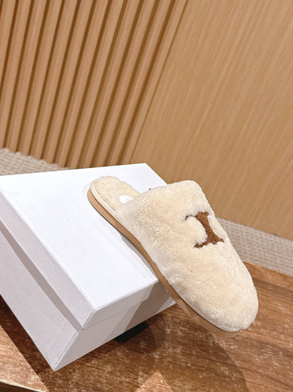 CELINE New Shearling Slip-On Birkenstock-Style Slides, White