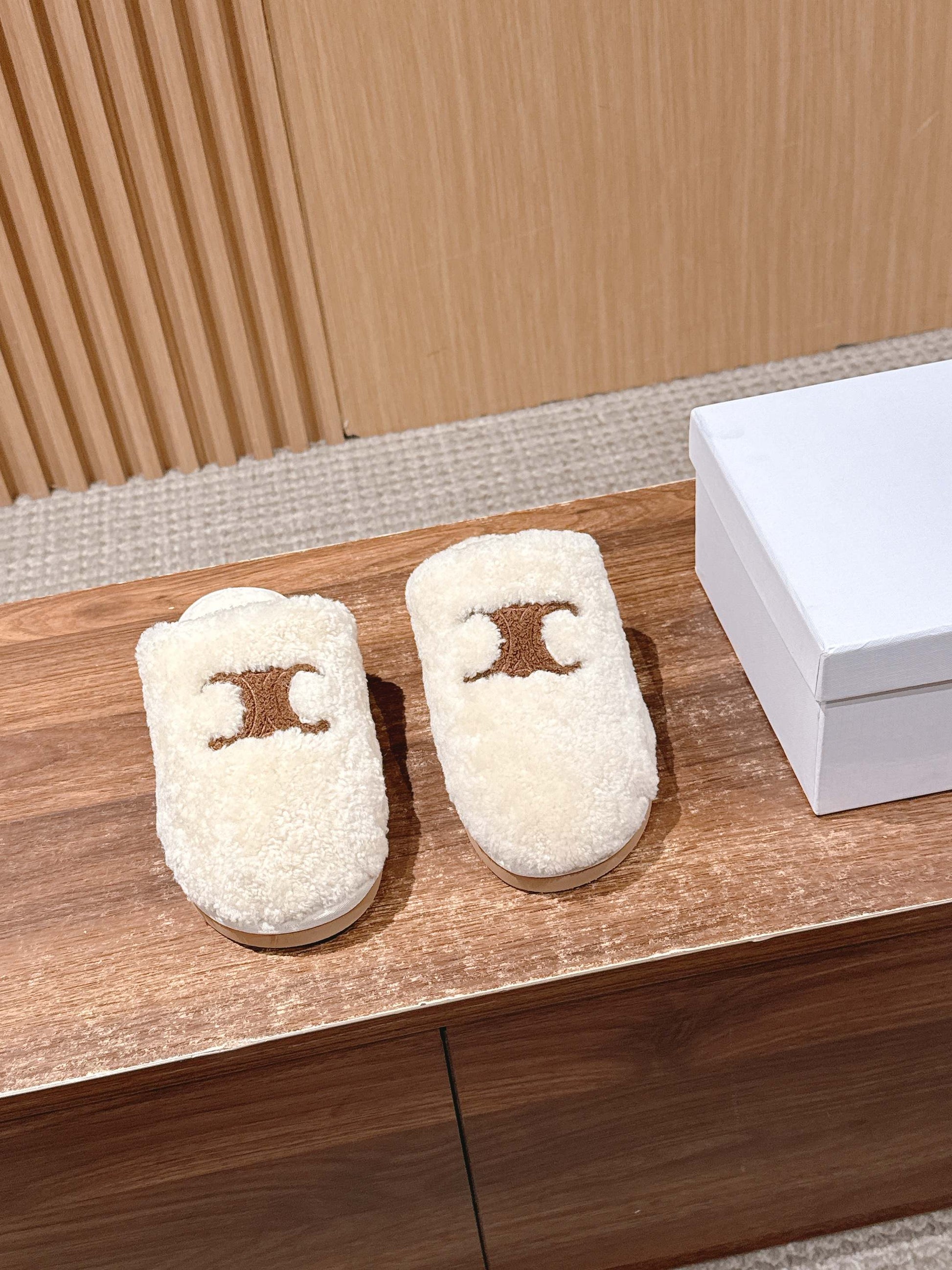 CELINE New Shearling Slip-On Birkenstock-Style Slides, White