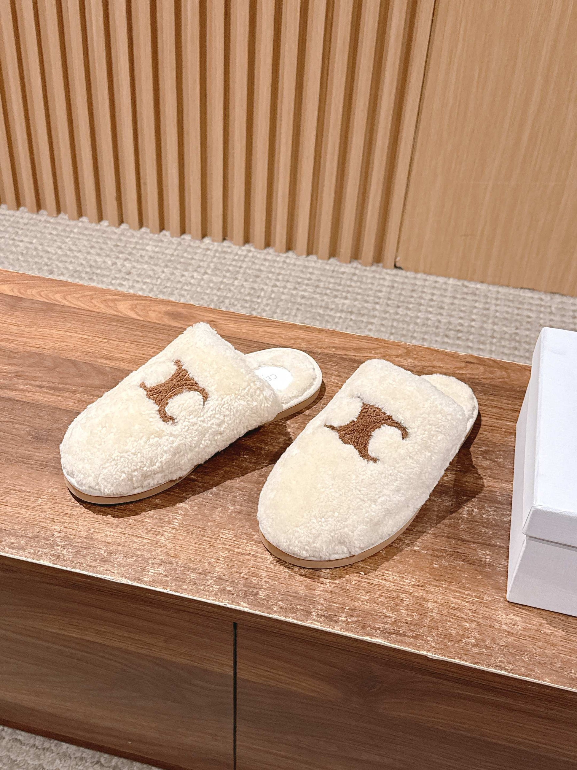 CELINE New Shearling Slip-On Birkenstock-Style Slides, White