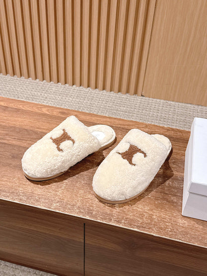 CELINE New Shearling Slip-On Birkenstock-Style Slides, White