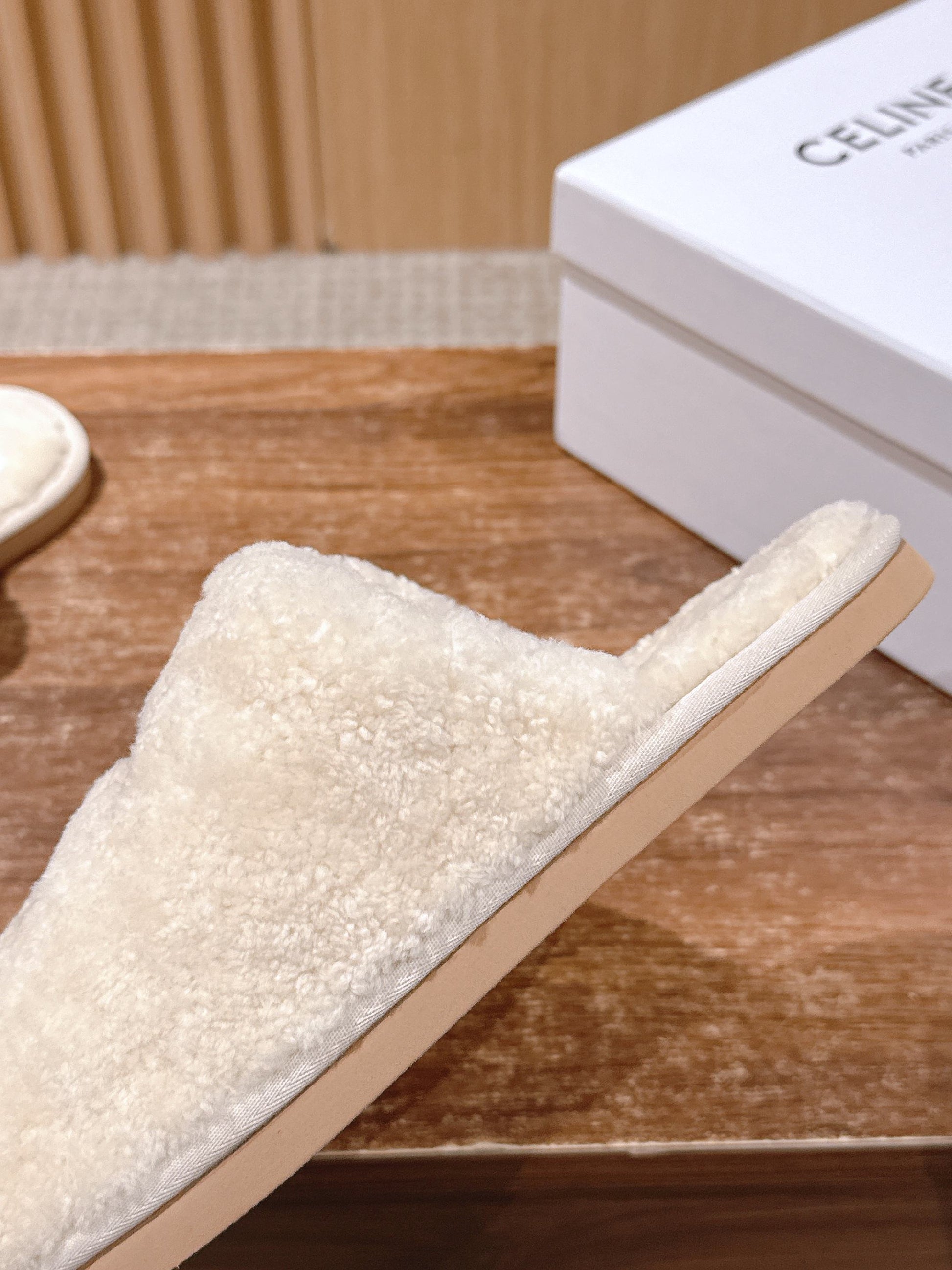 CELINE New Shearling Slip-On Birkenstock-Style Slides, White