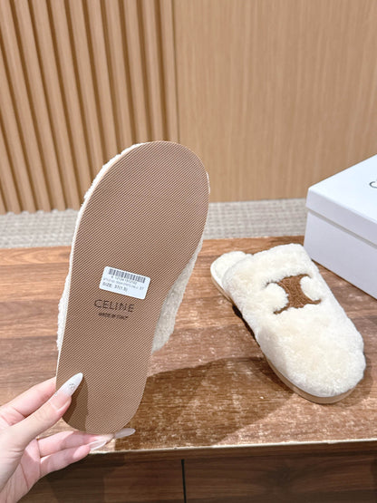 CELINE New Shearling Slip-On Birkenstock-Style Slides, White