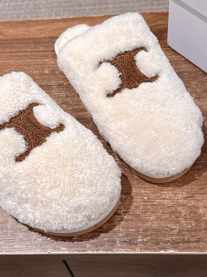 CELINE New Shearling Slip-On Birkenstock-Style Slides, White