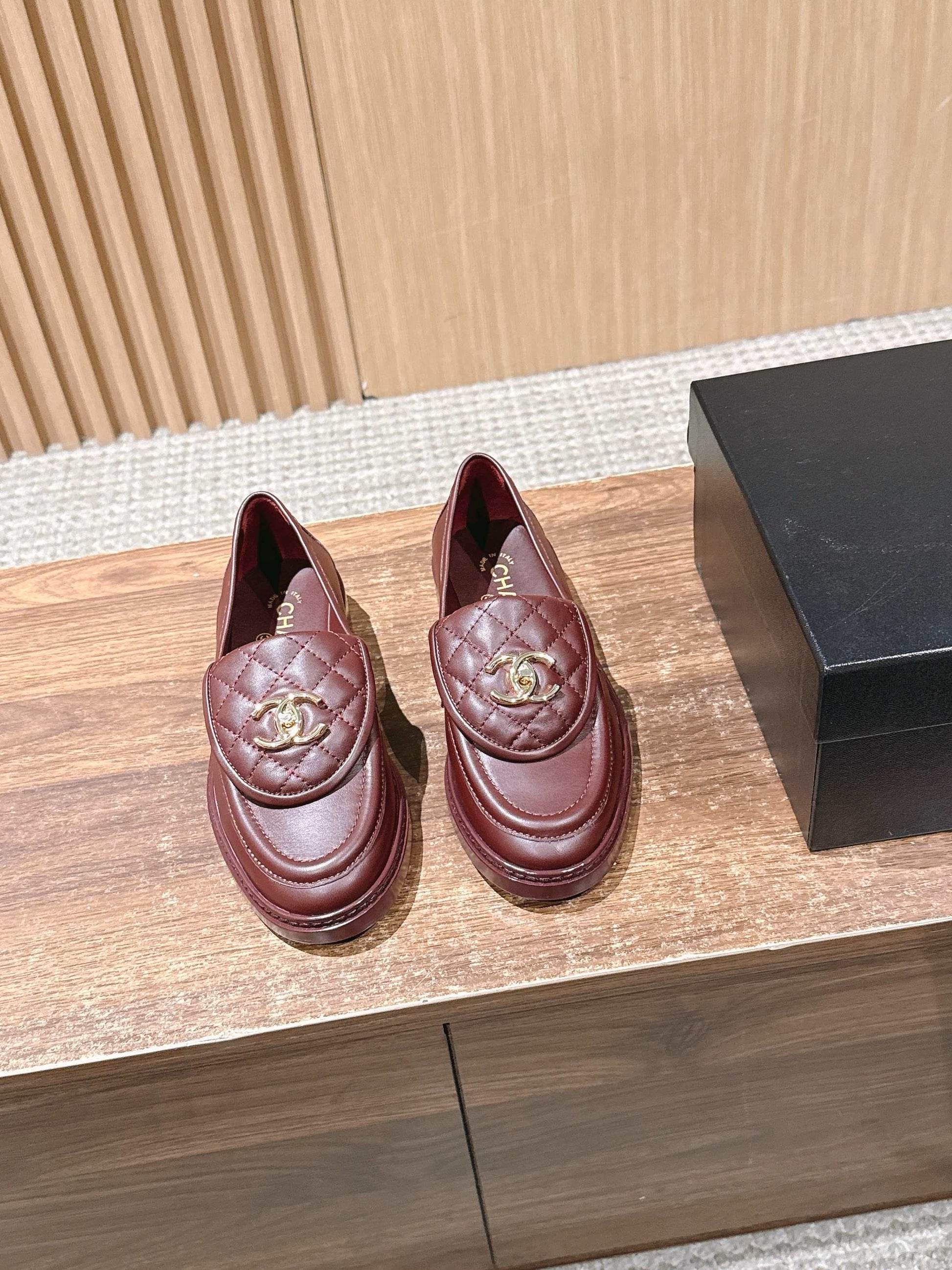 CHANEL Quilted Classic Vintage Sheepskin Loafers, Burgundy