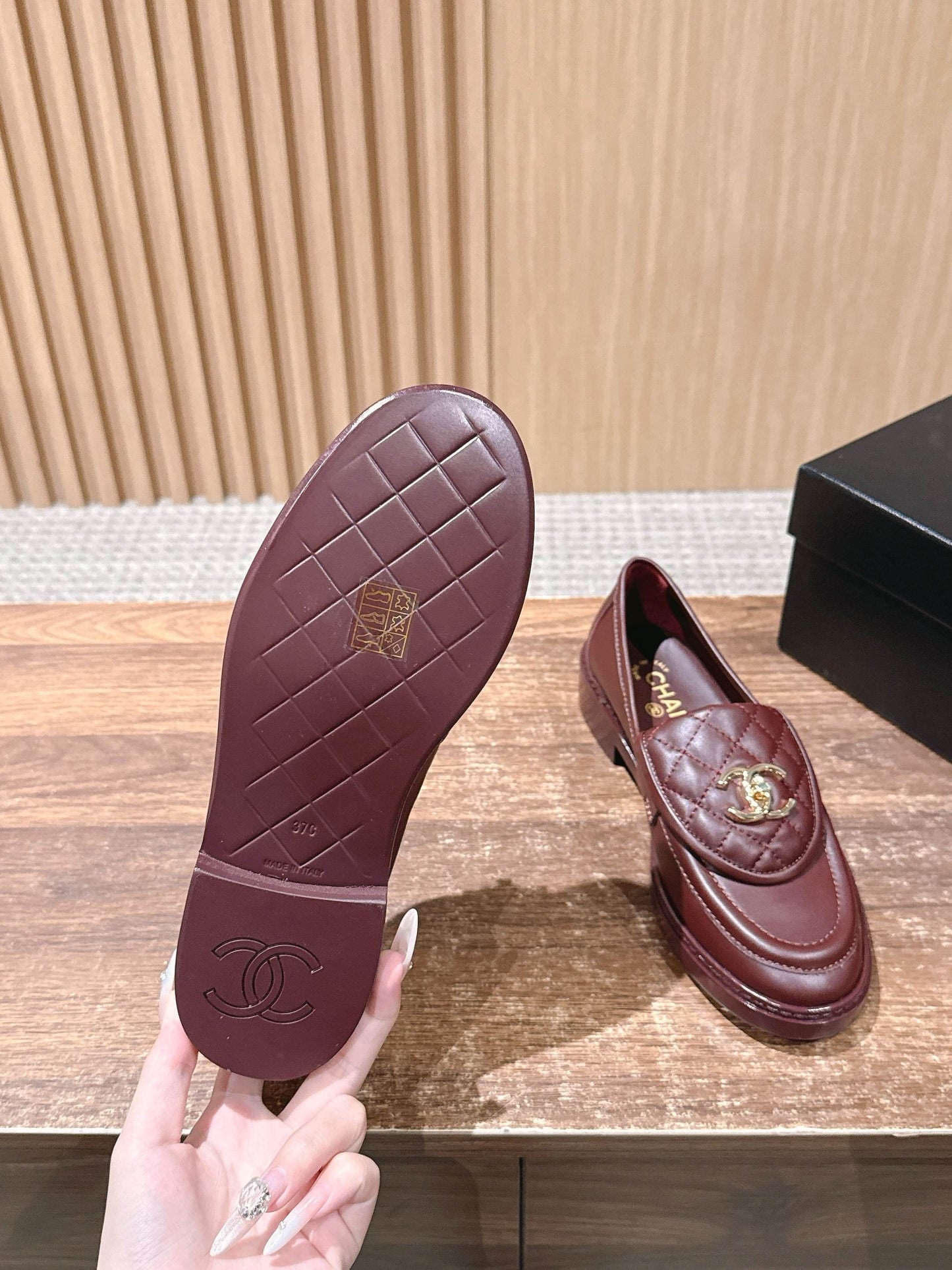 CHANEL Quilted Classic Vintage Sheepskin Loafers, Burgundy