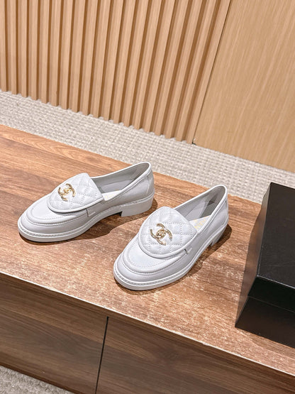 CHANEL Quilted Classic Vintage Sheepskin Loafers, White