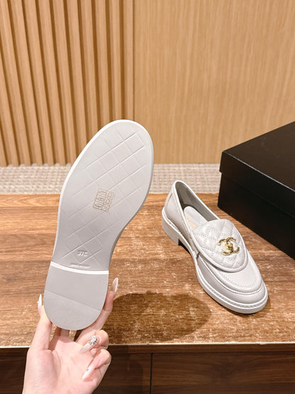 CHANEL Quilted Classic Vintage Sheepskin Loafers, White