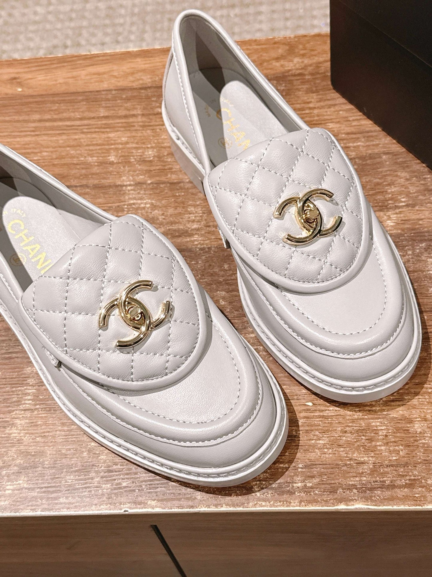 CHANEL Quilted Classic Vintage Sheepskin Loafers, White