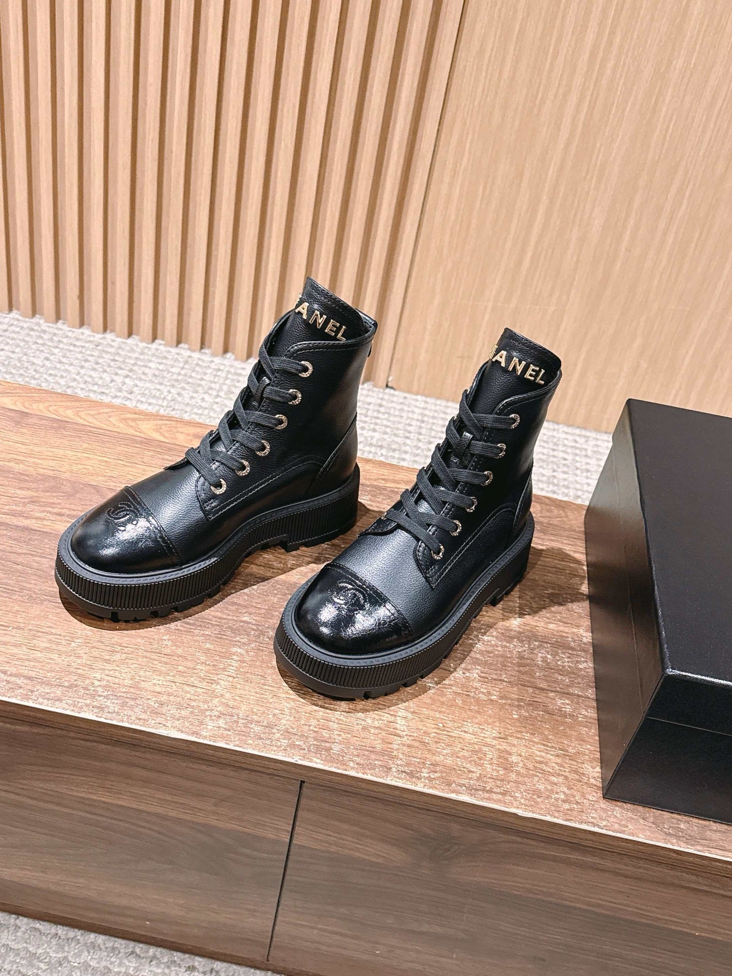 CHANEL Leather Thick-Sole Ankle Boots, Black