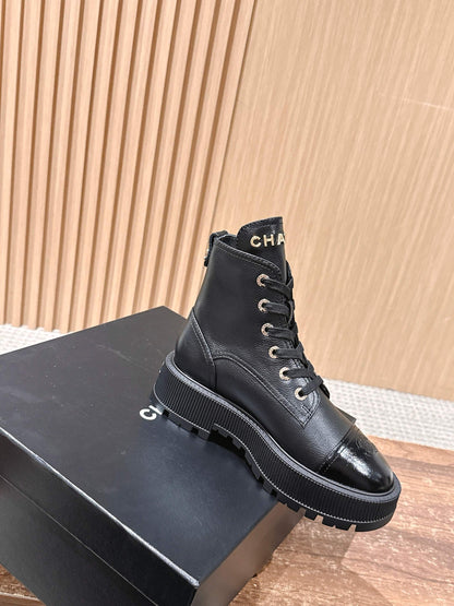 CHANEL Leather Thick-Sole Ankle Boots, Black