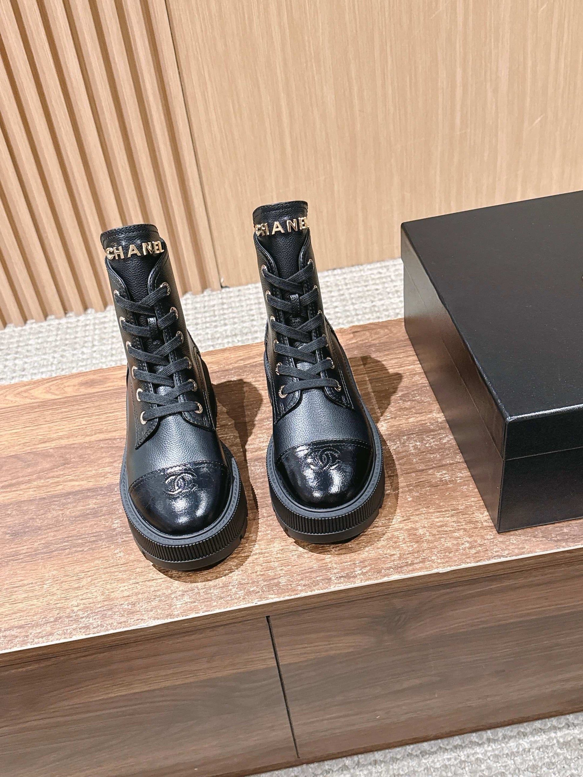 CHANEL Leather Thick-Sole Ankle Boots, Black