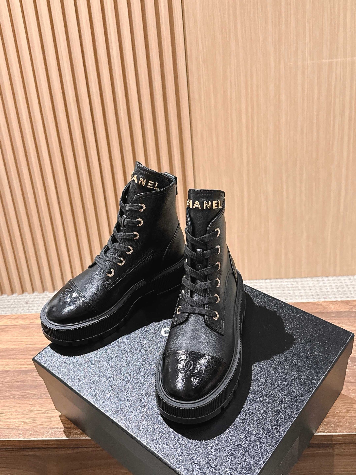 CHANEL Leather Thick-Sole Ankle Boots, Black