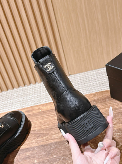 CHANEL Leather Thick-Sole Ankle Boots, Black