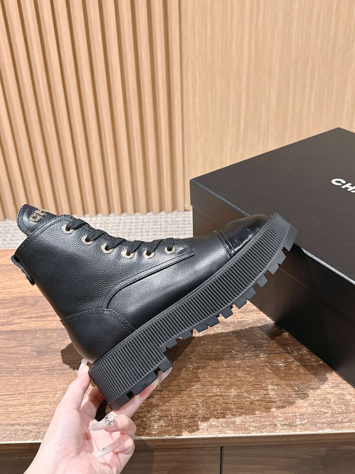 CHANEL Leather Thick-Sole Ankle Boots, Black