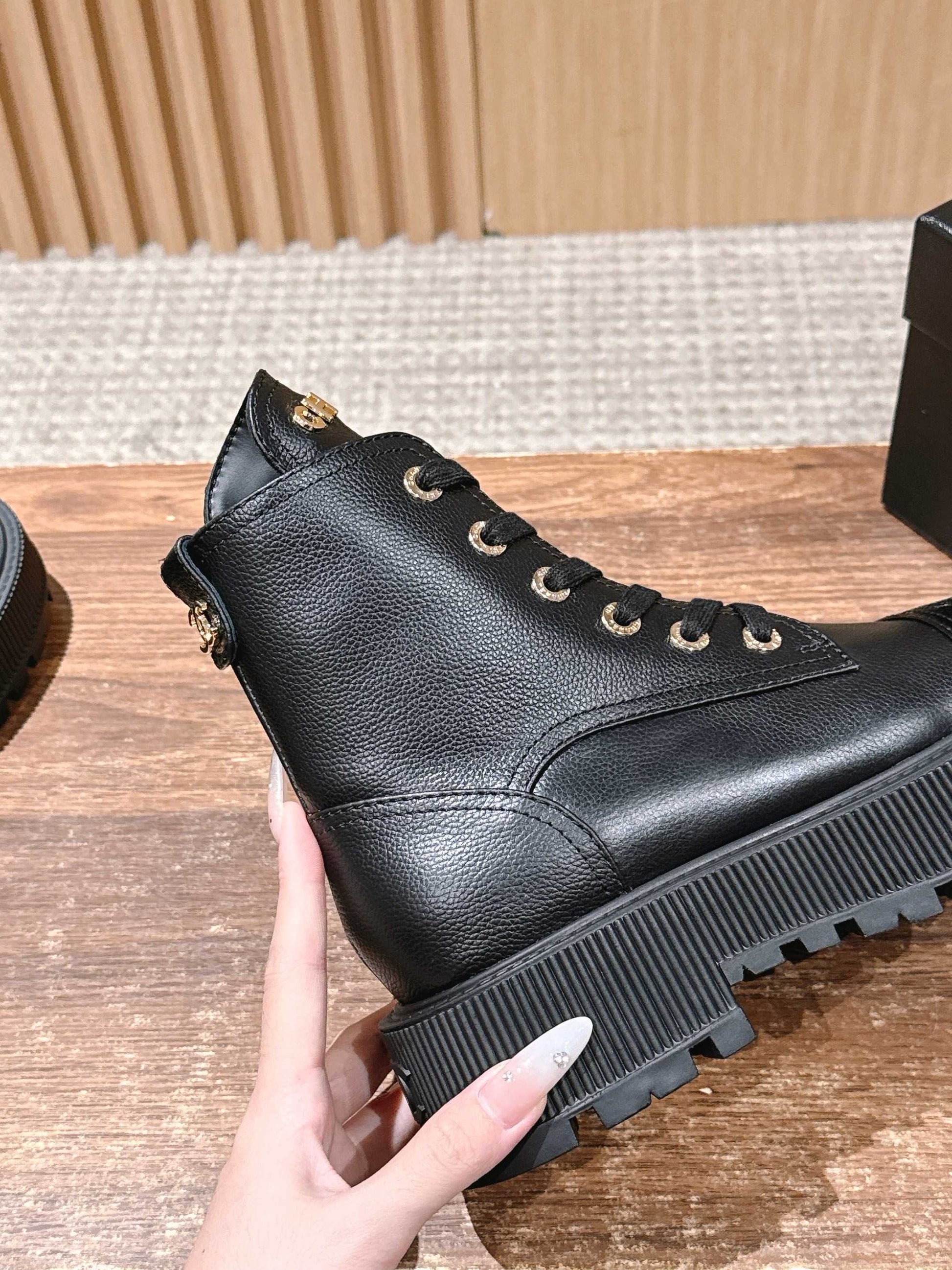 CHANEL Leather Thick-Sole Ankle Boots, Black
