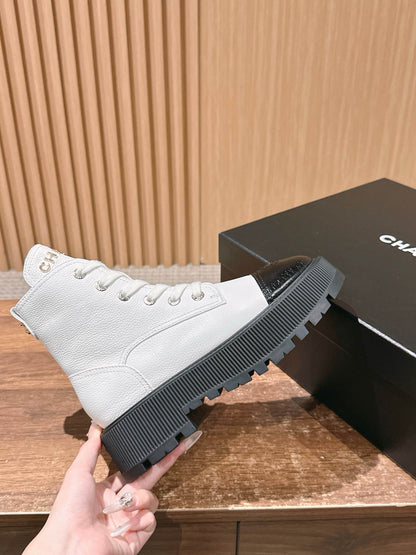 CHANEL Leather Thick-Sole Ankle Boots, White