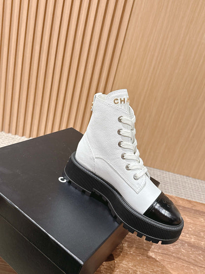 CHANEL Leather Thick-Sole Ankle Boots, White