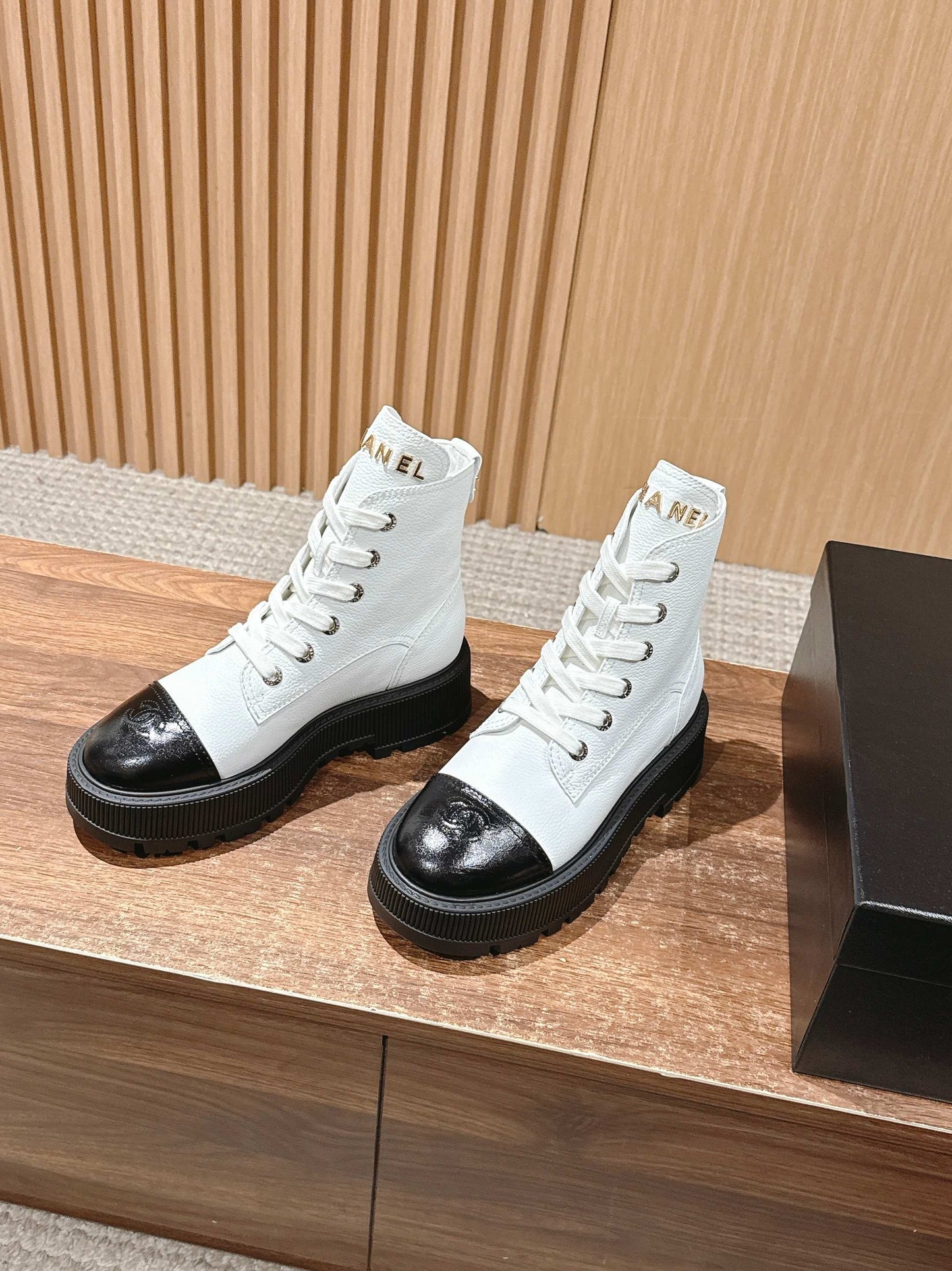 CHANEL Leather Thick-Sole Ankle Boots, White